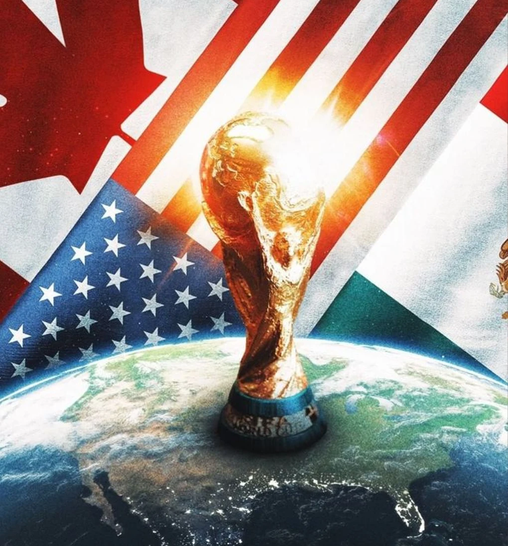 World stage with trophy and flags